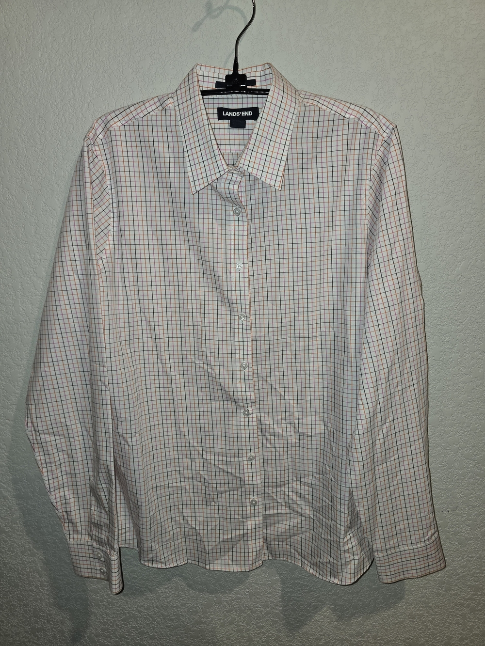 Lands' End Women's Size 12 No Iron Supima Cotton Plaid Button Down Shirt White